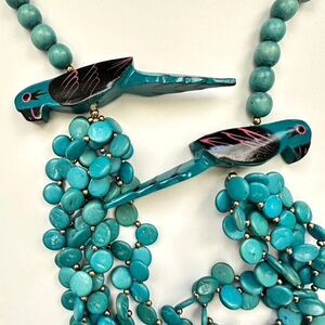 Vtg wood Bird Parrot Necklace blue pink black retro wood beaded tropical